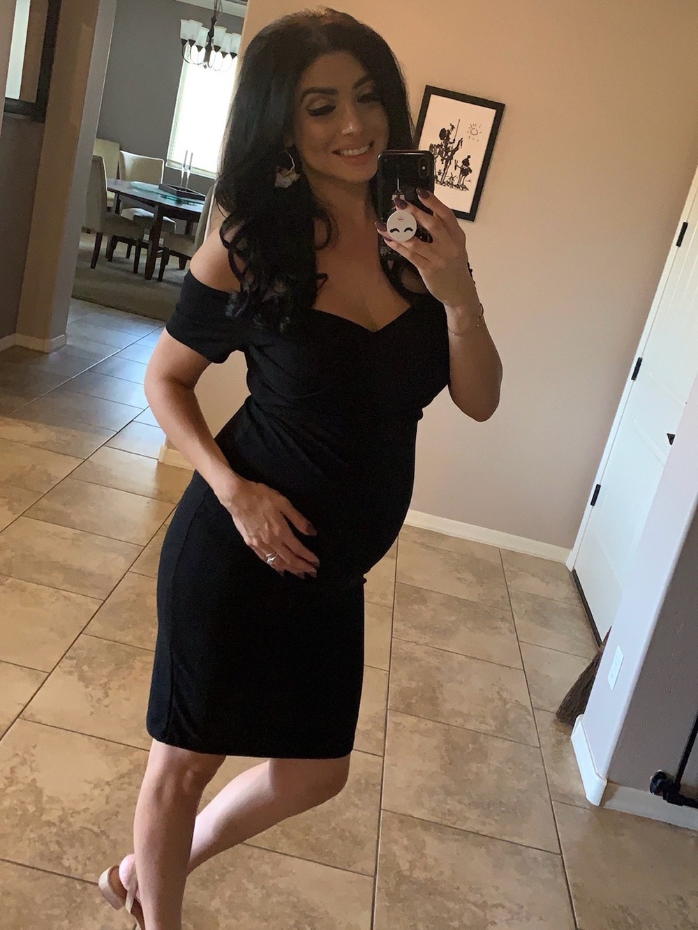 PINKBLUSH Black Off Shoulder Ruched Maternity Midi Dress